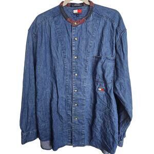 Vintage Y2K Tommy Hilfiger Jeans Mens Denim Shirt Sz L Plaid Band Collar Hip Hop